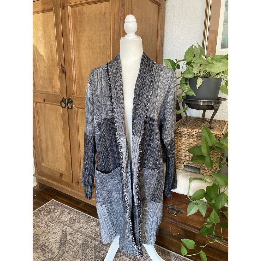 Eileen Fisher Hazy Blocks Jacket Duster Size L/XL Gray Lagenlook Organic Cotton